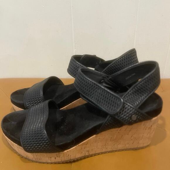 Eileen Fisher Demo Black Leather Cork Wedge Platform Sandals Easy Strap Size 8.5 - Picture 3 of 7